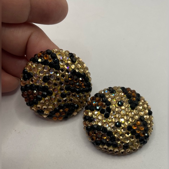 Vintage Jewelry - Vintage 1980s Signed Richard Kerr Gold Tone Crystal Leopard Clip On Earrings